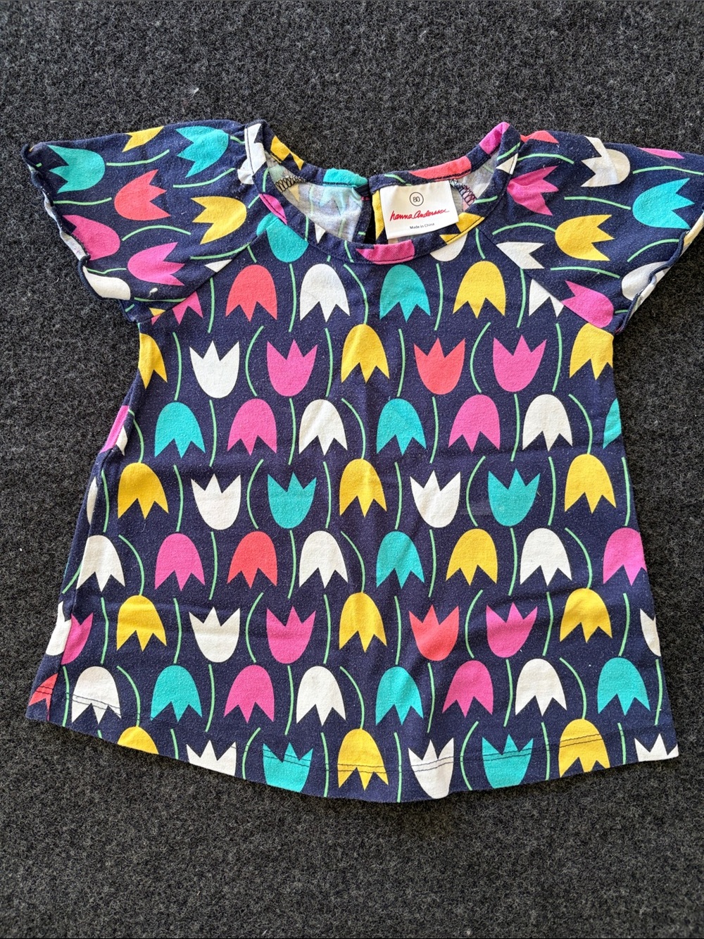 Hanna Andersson Navy Tulip Print Flutter Sleeve Tee - Pink Yellow Teal White